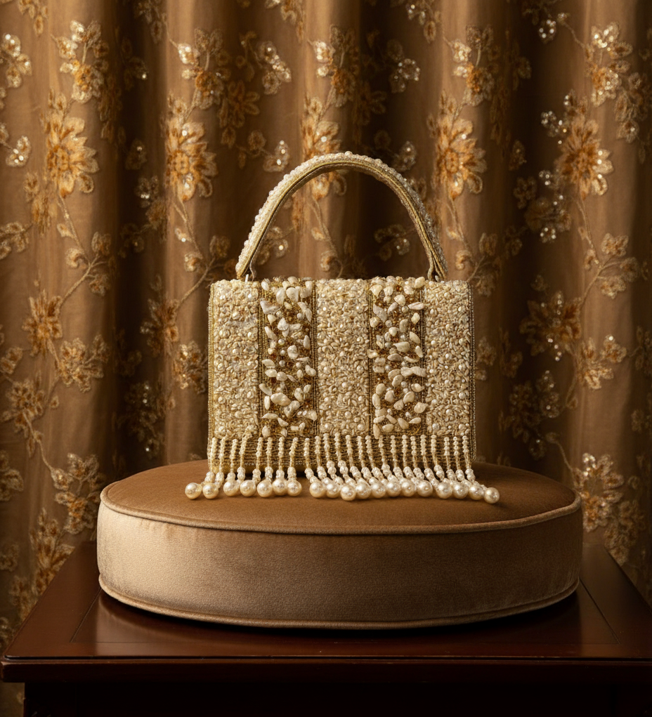 Golden Pearl & Ivory Beaded Fringe Handbag