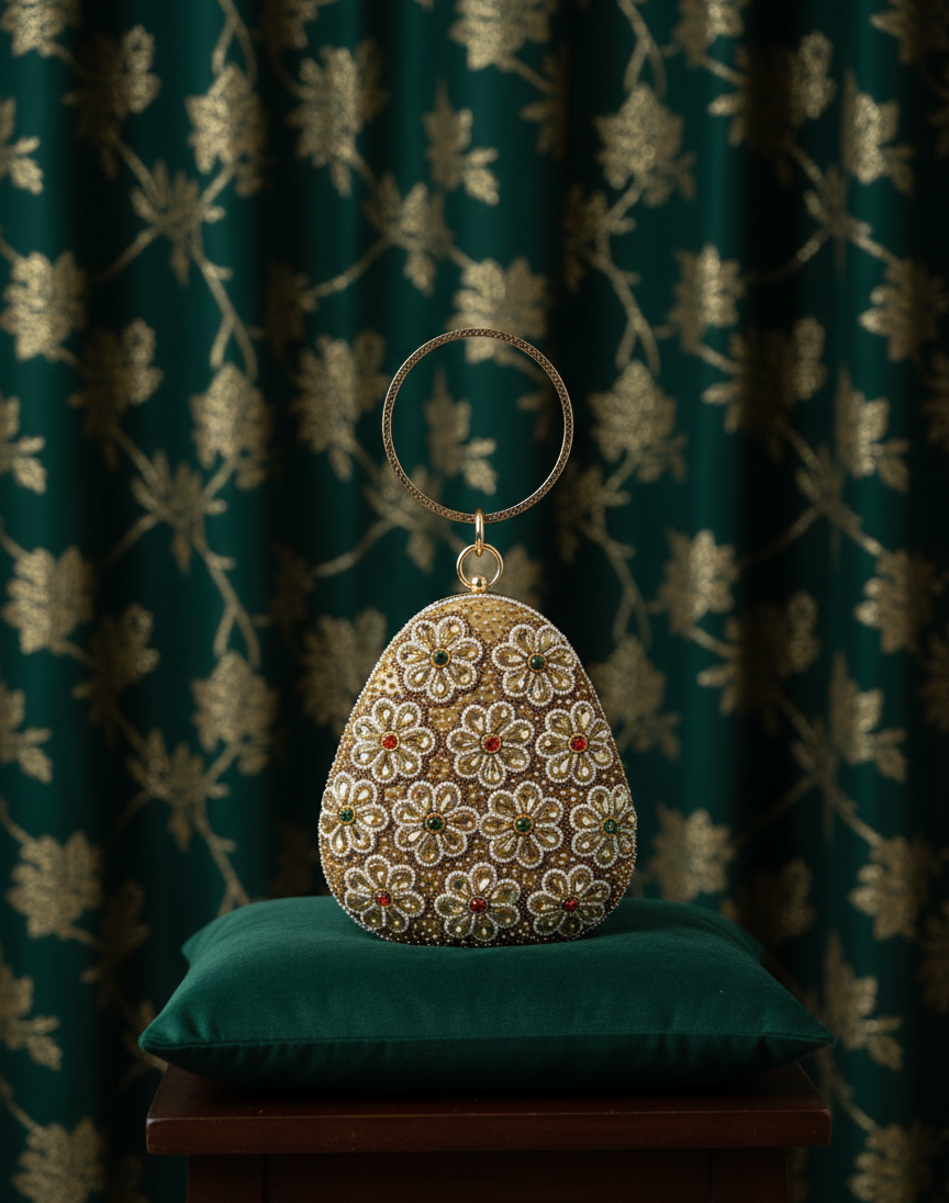 Exquisite Gold & Multi-Color Floral Beaded Teardrop Ring Clutch