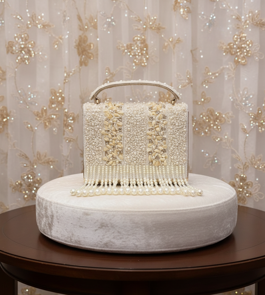 Golden Pearl & Ivory Beaded Fringe Handbag