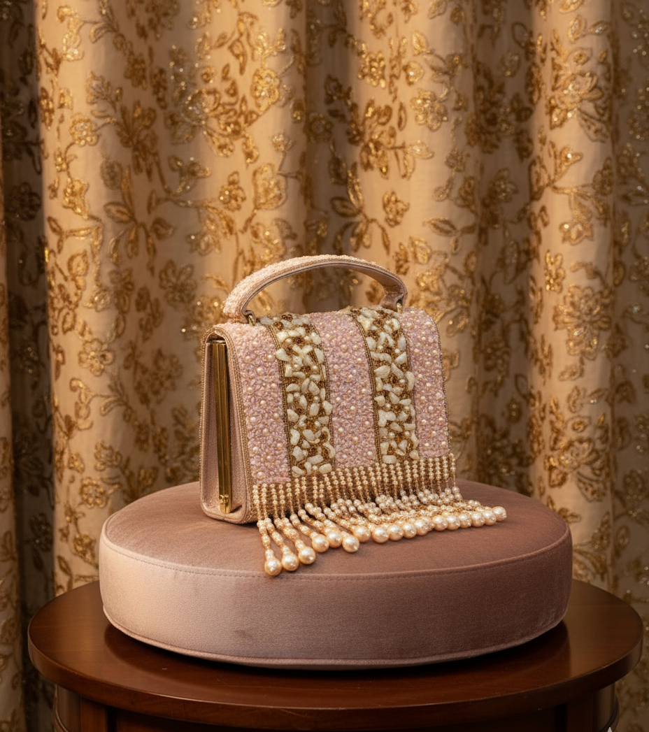 Golden Pearl & Ivory Beaded Fringe Handbag