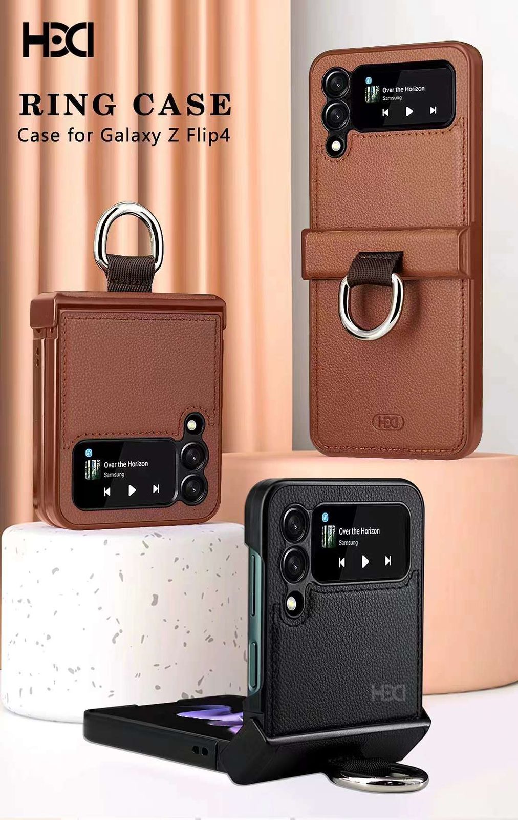 Samsung z flip primium leather case with metal ring