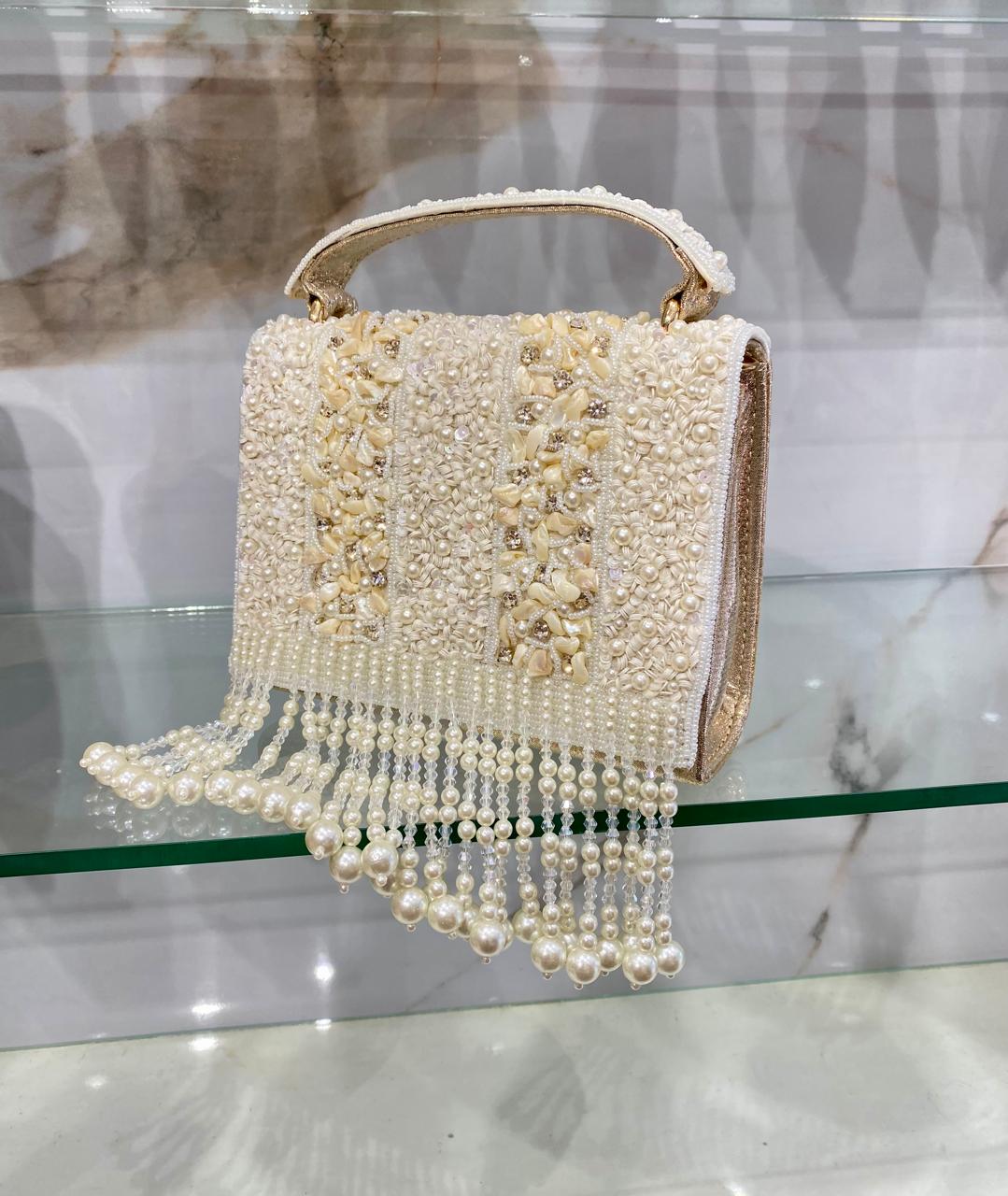 Golden Pearl & Ivory Beaded Fringe Handbag