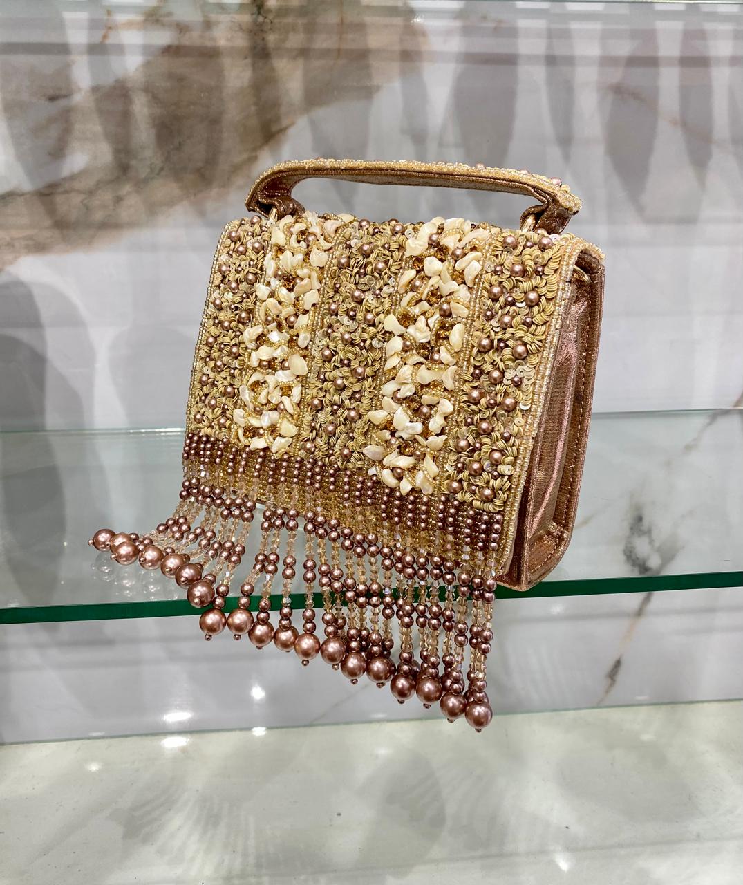 Golden Pearl & Ivory Beaded Fringe Handbag