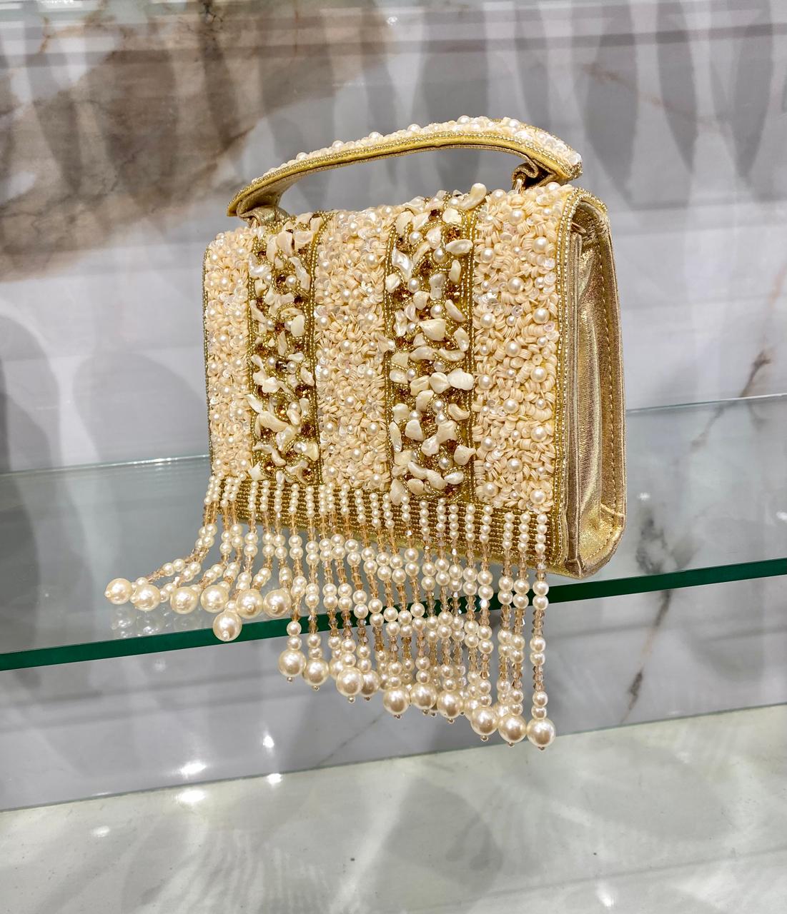 Golden Pearl & Ivory Beaded Fringe Handbag