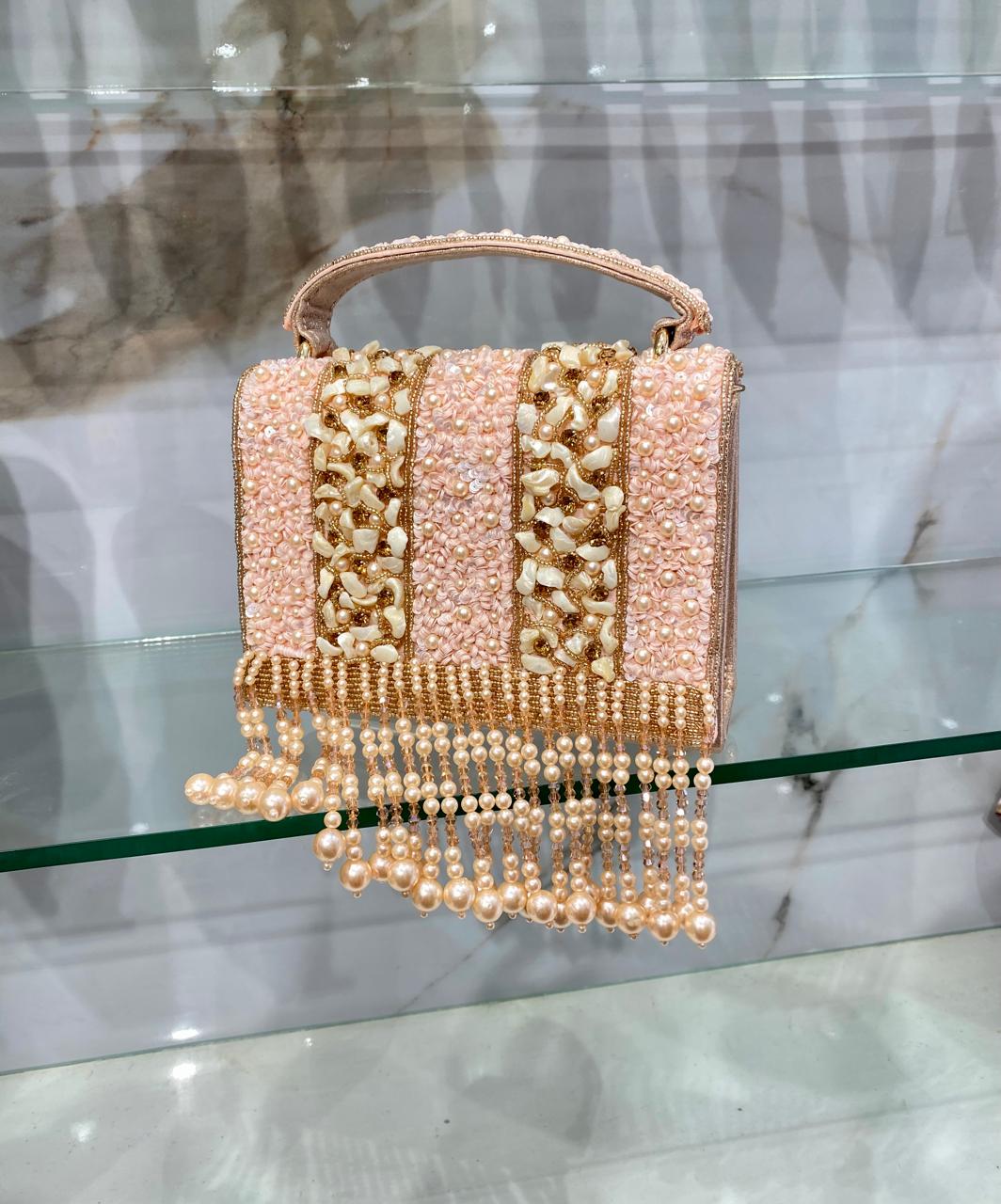Golden Pearl & Ivory Beaded Fringe Handbag