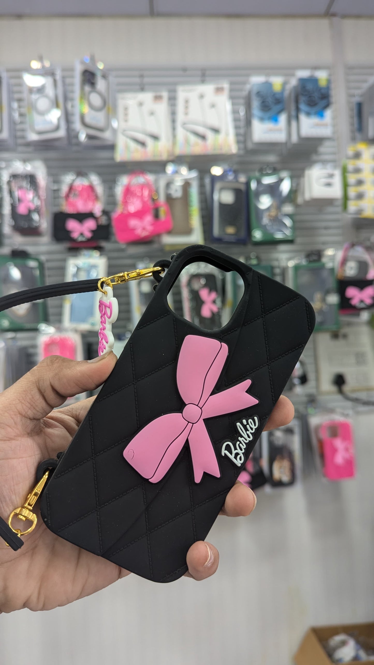 Trendy Premium Fancy Cute Barbie Bow Case For iPhone Handbag Purse Case With Strap