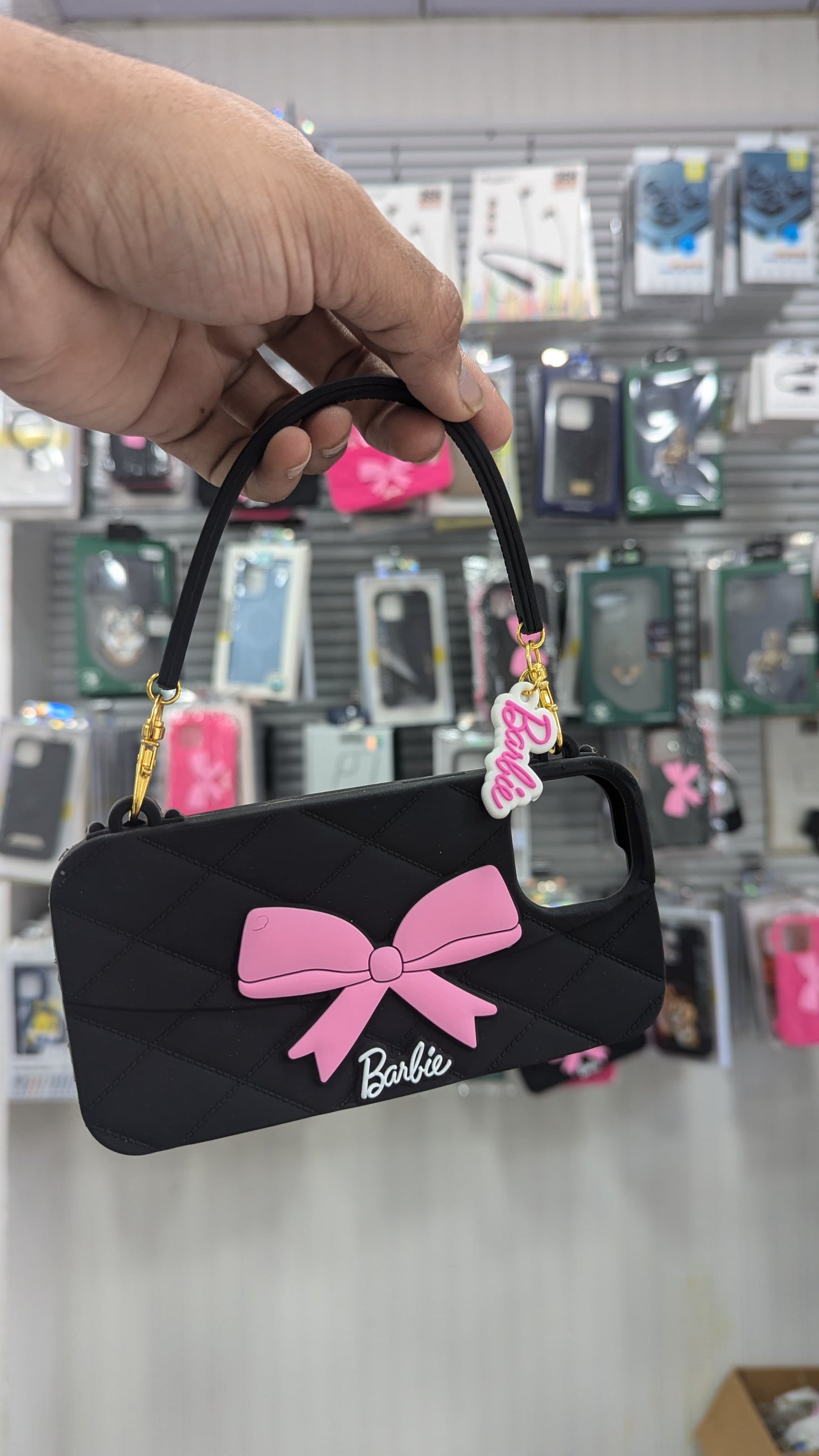 Trendy Premium Fancy Cute Barbie Bow Case For iPhone Handbag Purse Case With Strap