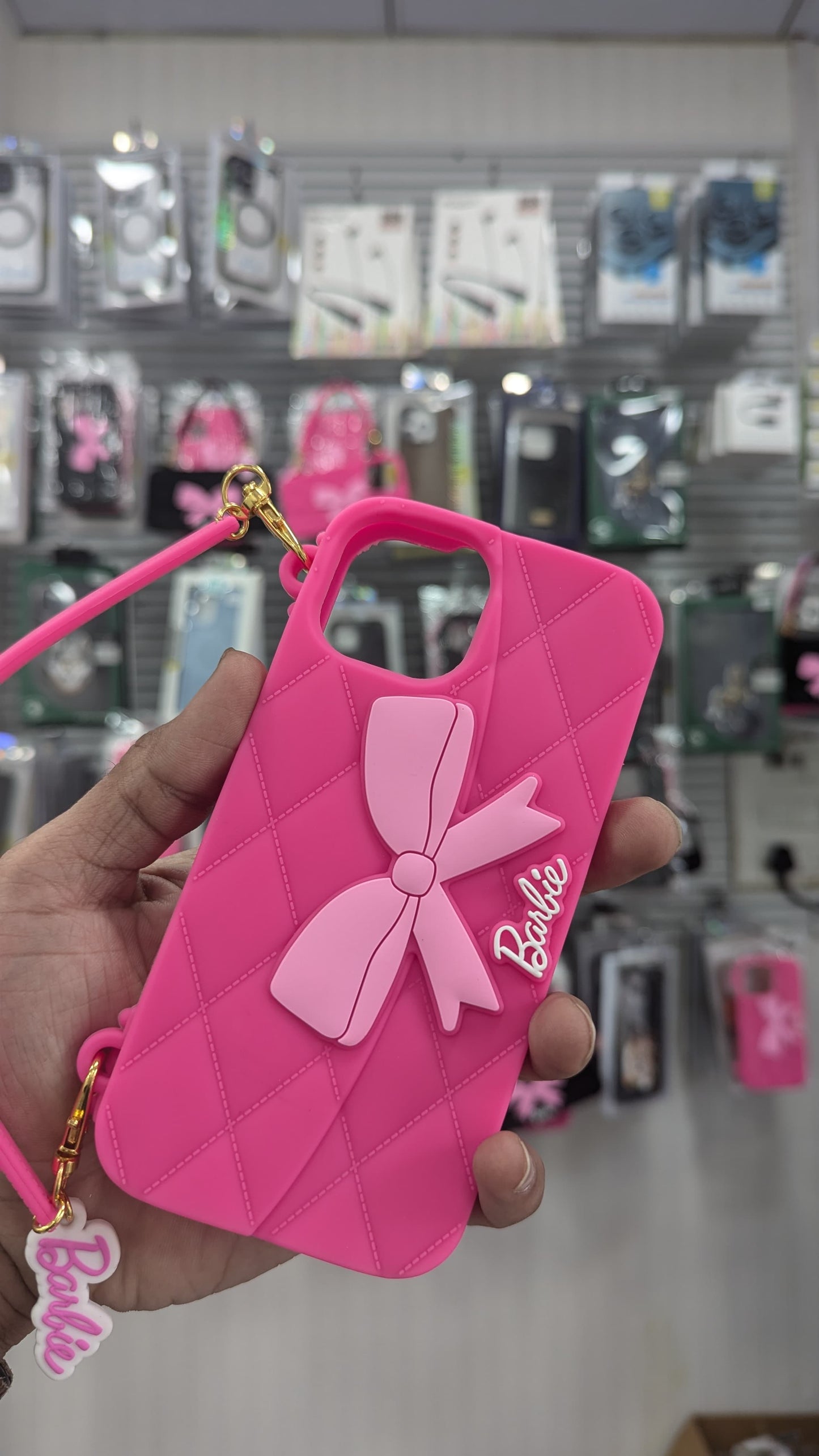 Trendy Premium Fancy Cute Barbie Bow Case For iPhone Handbag Purse Case With Strap