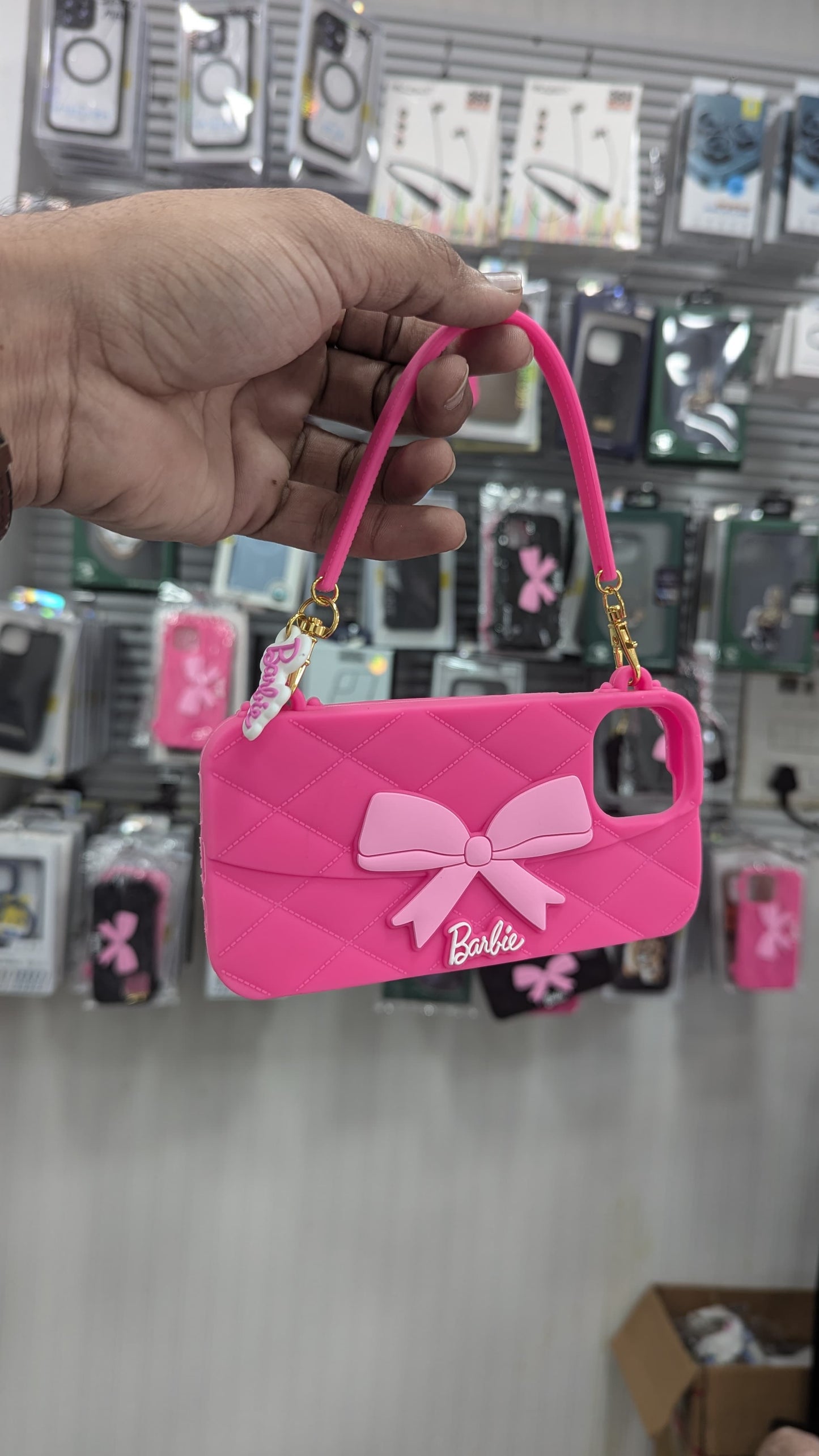 Trendy Premium Fancy Cute Barbie Bow Case For iPhone Handbag Purse Case With Strap