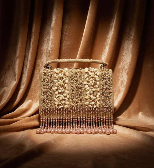Golden Pearl & Ivory Beaded Fringe Handbag
