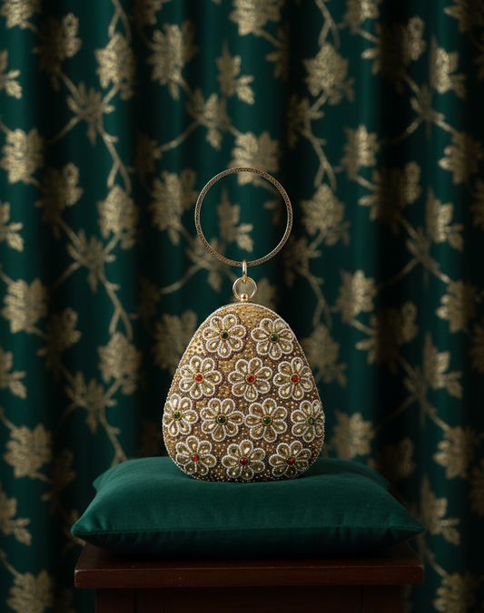 Exquisite Gold & Multi-Color Floral Beaded Teardrop Ring Clutch