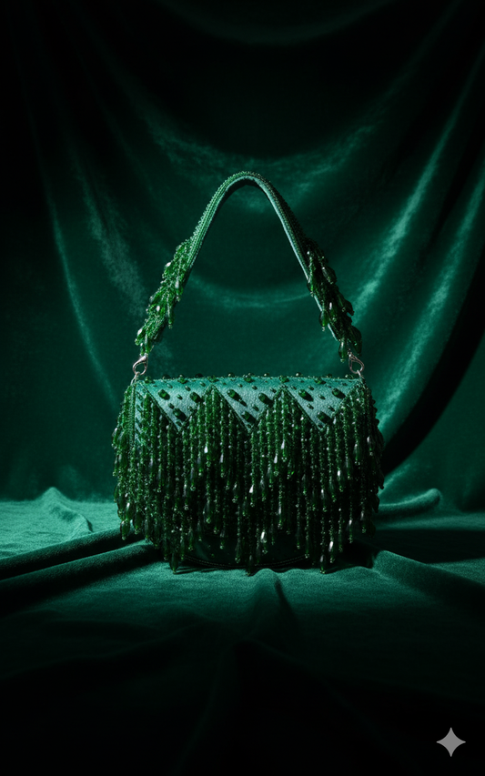 Emerald Cascade Fringe Clutch